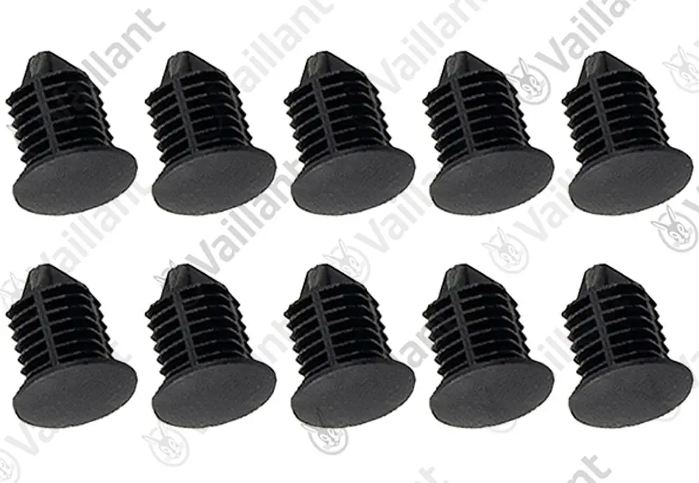 Vaillant Clips in schwarzer Farbe, stapelbar mit riffeliger Oberfläche, auf einem weißen Hintergrund, insgesamt zehn Stück sichtbar.